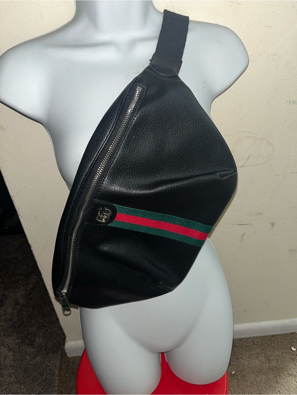 Tommy Hilfiger Black Leather Belt Bag with Green-Red Stripe